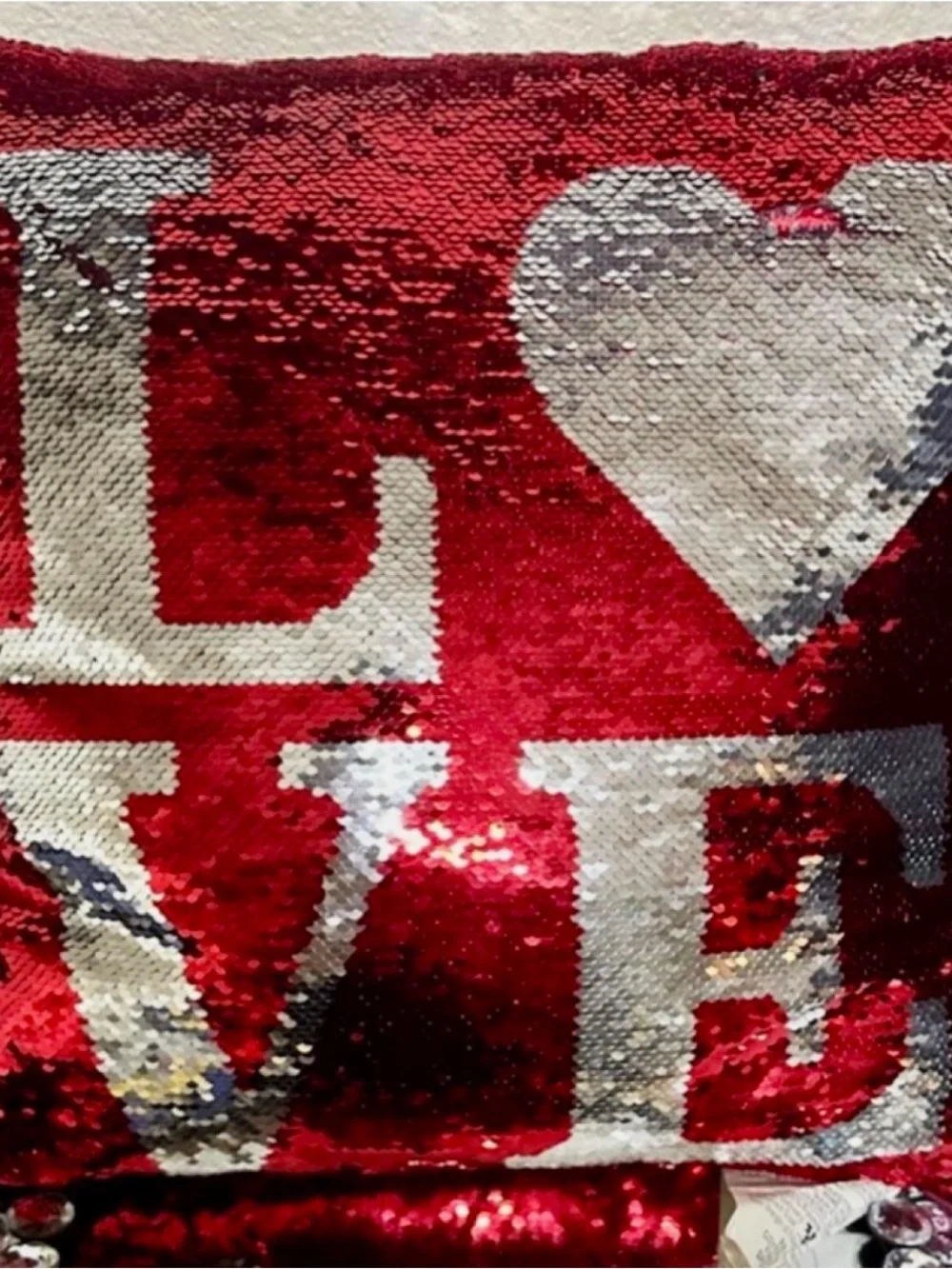 Reversible Sequin Holiday 'LOVE' Pillow - Red and Silver